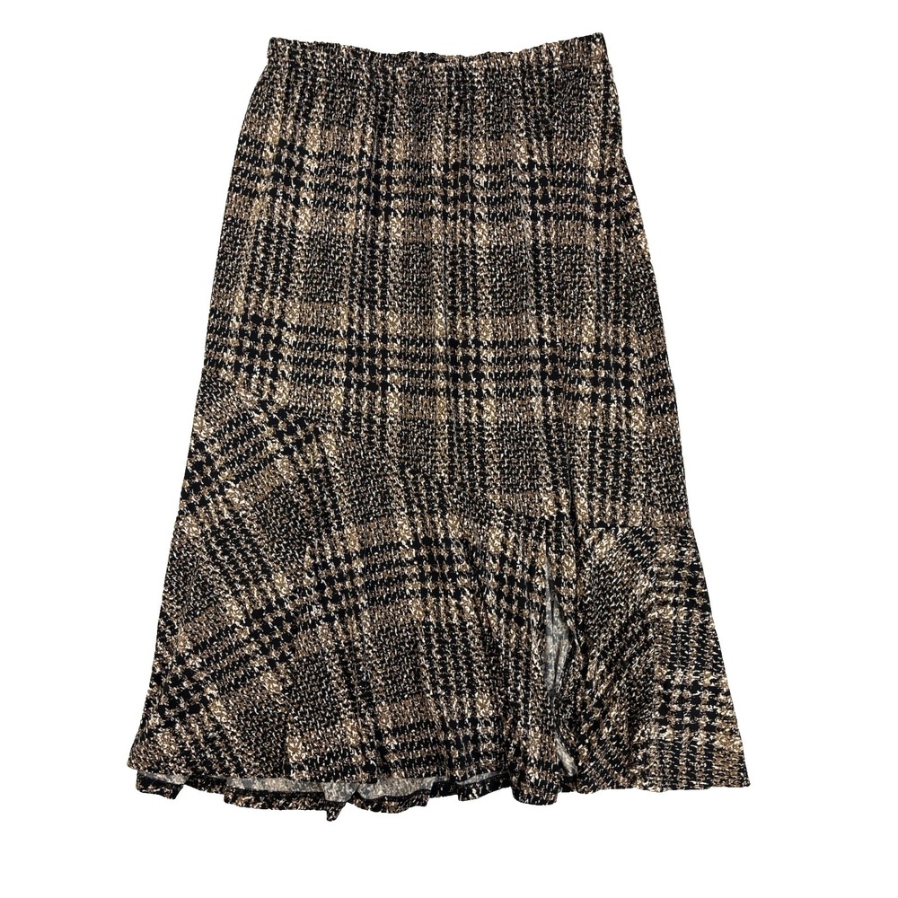 Espresso Juniors Large Black Brown Plaid Flowy Knit Midi Skirt Preppy Academia‎